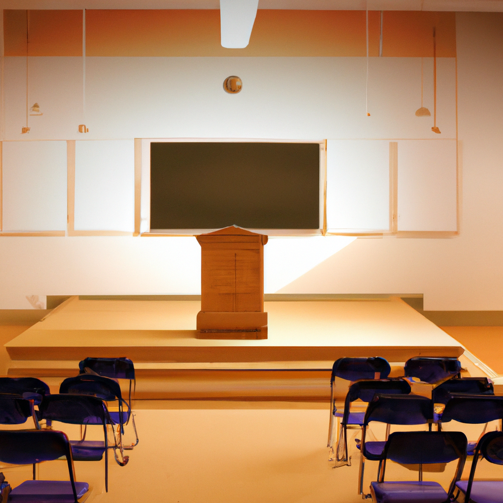 Sunlit training room with a speaking podium and attentive learners, warm tones, high detail